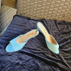 FSJ Turquoise Kitten Heel Mule Slides Pointed Toe Size 7.5